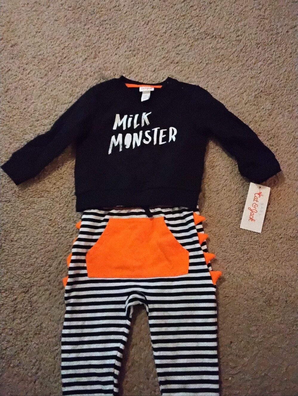 Cat & Jack Black 'Milk Monster' Sweater with Orange Accent Striped Dino Pants